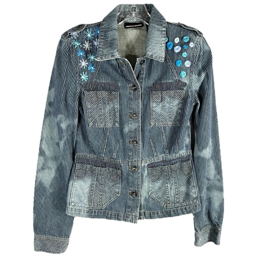DKNY Small Jean Jacket Reworked Denim Hand Embroidered Bleached Distressed 509